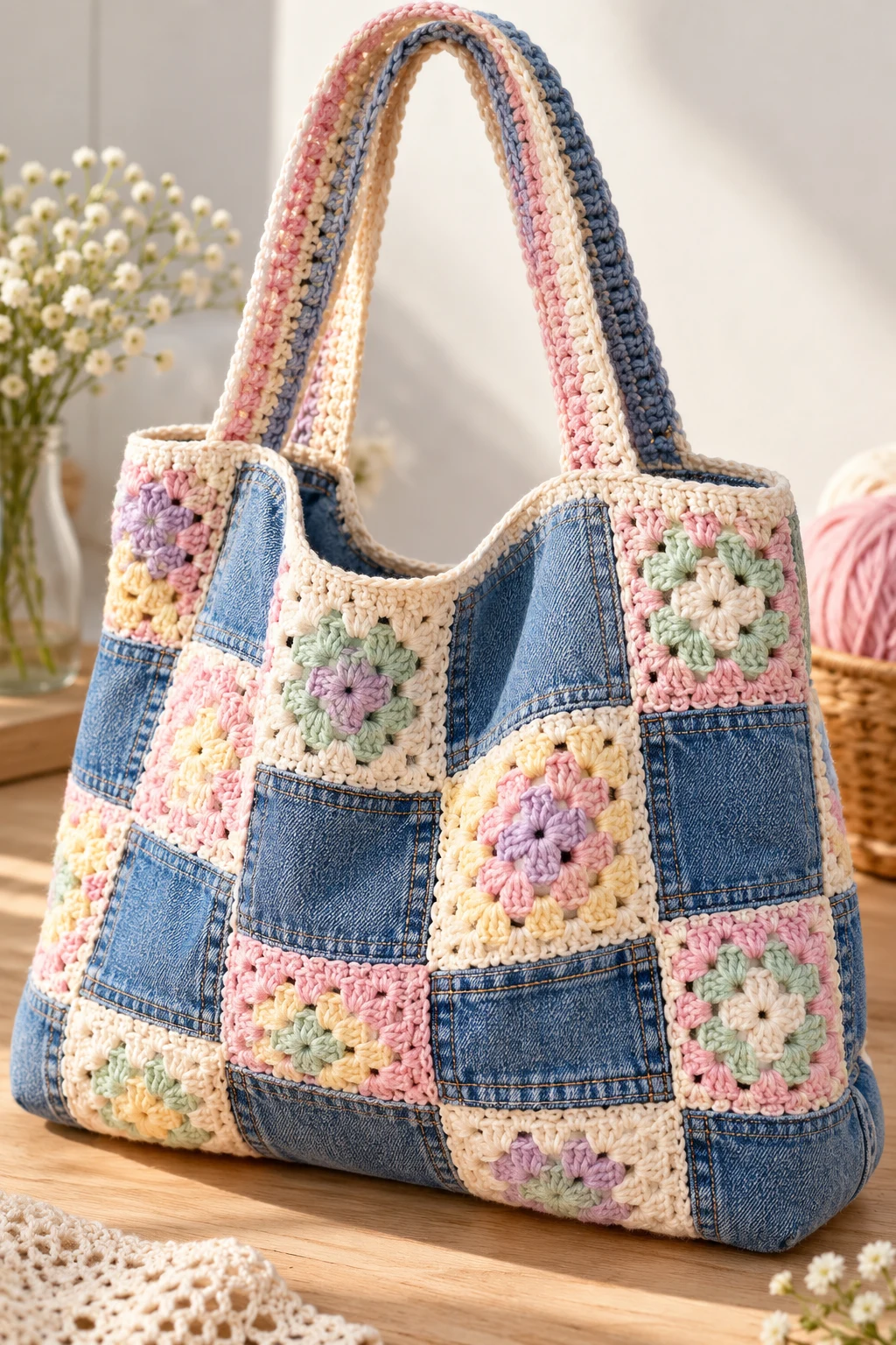 Pastel Checkerboard Denim Crochet Bag — crochet jeans bag style outfit