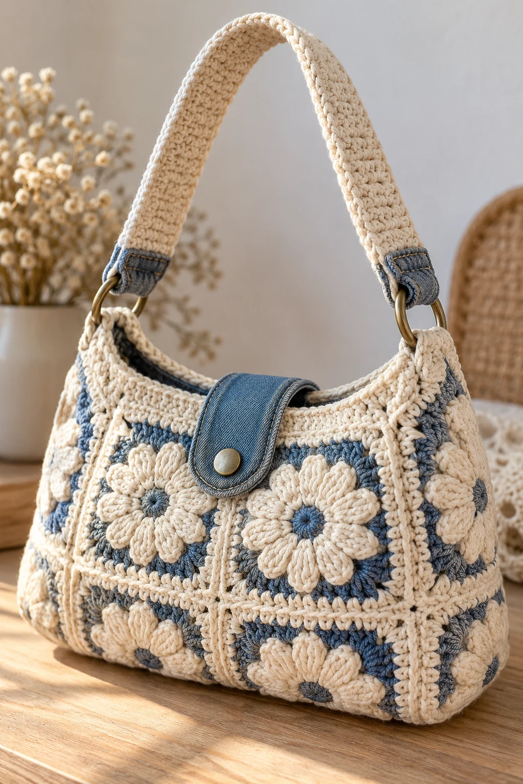 Elegant Cream Crochet and Denim Handbag — crochet jeans bag style outfit