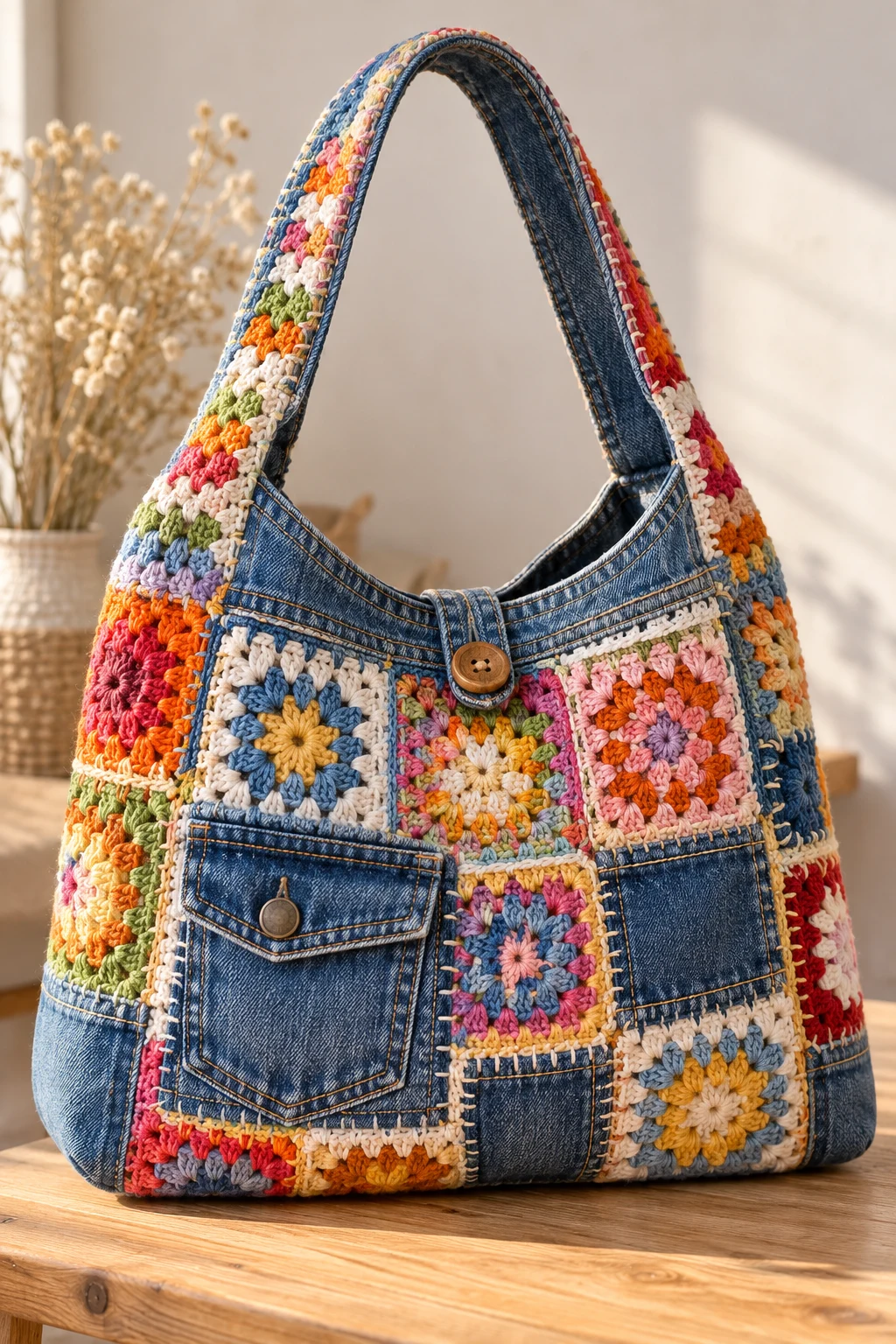 Colorful Scrap Yarn Crochet Jeans Bag — crochet jeans bag style outfit
