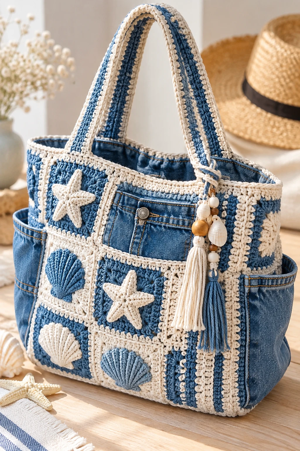 Coastal Blue and White Crochet Jeans Beach Bag — crochet jeans bag style outfit
