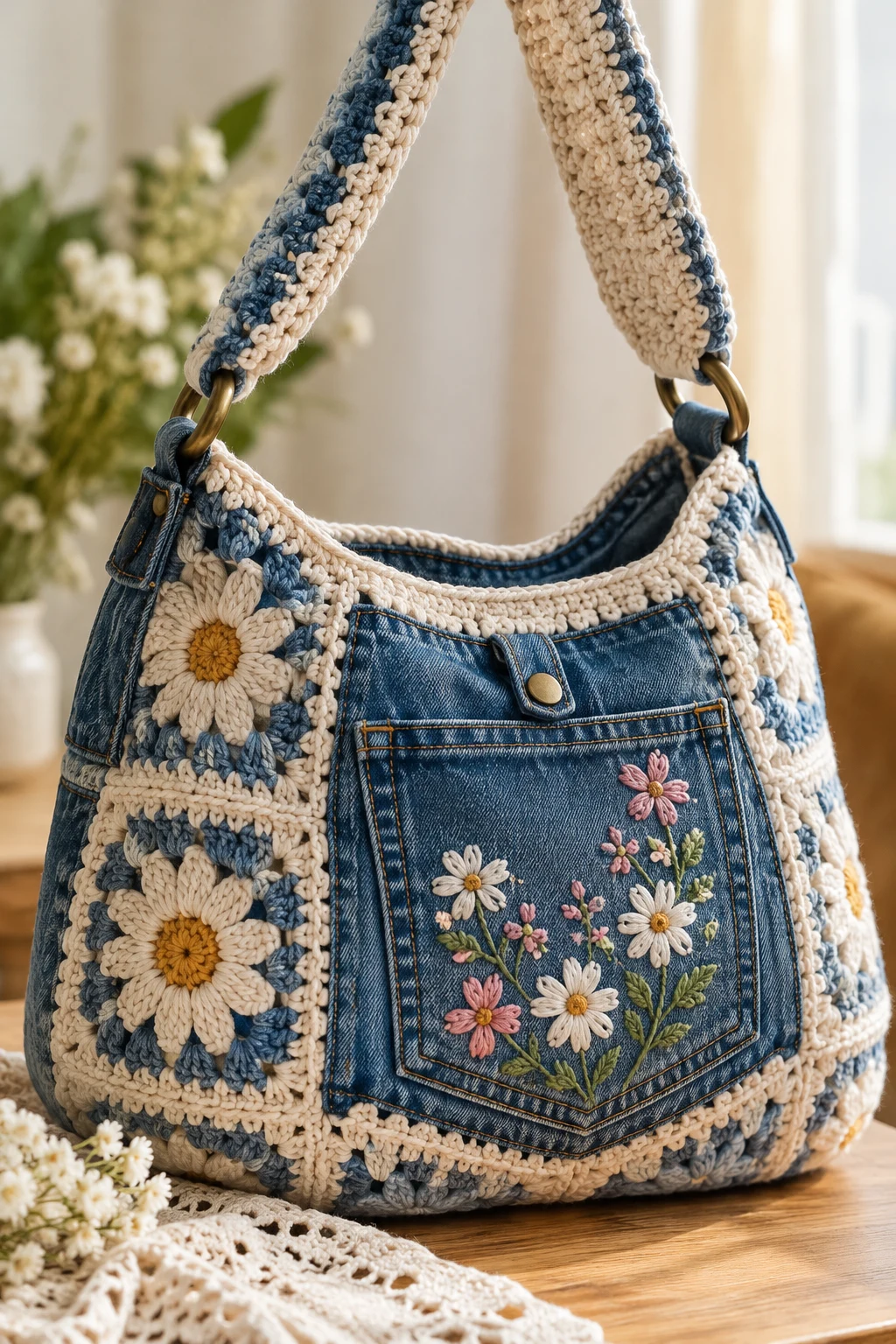 Personalized Embroidered Crochet Jeans Bag — crochet jeans bag style outfit