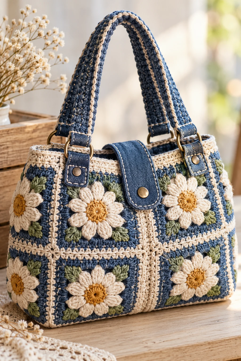Vintage Floral Denim Crochet Handbag — crochet jeans bag style outfit