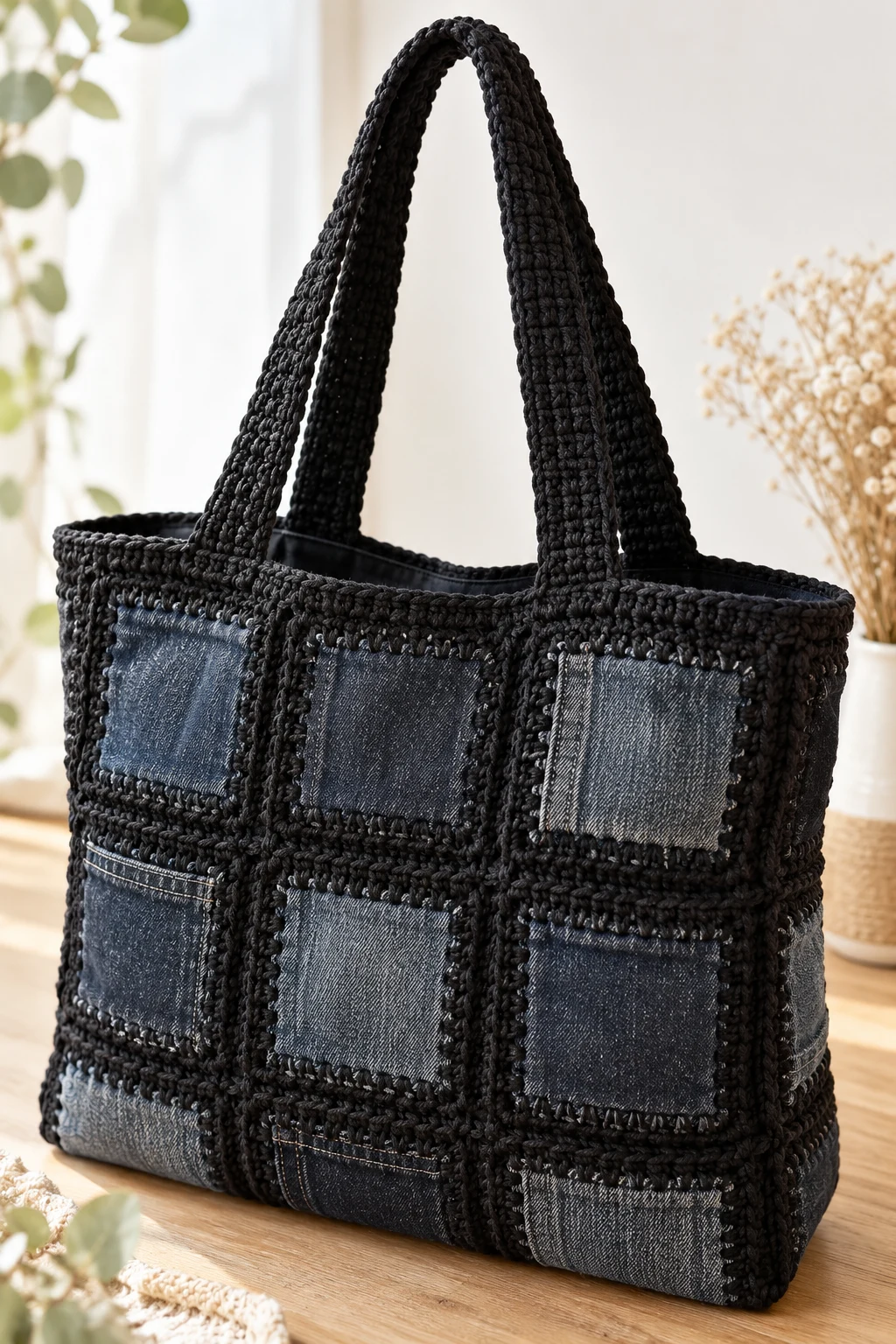 Minimalist Black Denim Crochet Tote — crochet jeans bag style outfit