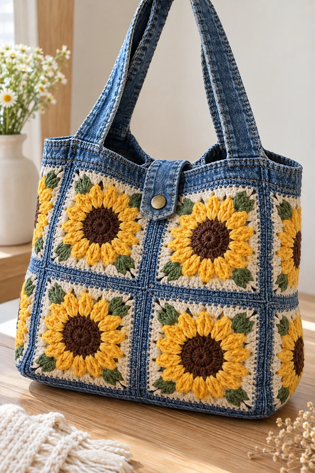 Sunflower Granny Square Jeans Bag — crochet jeans bag style outfit