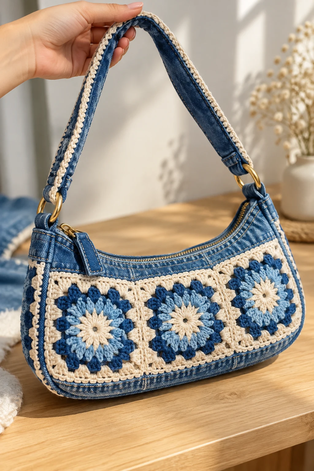 Y2K Denim Crochet Mini Shoulder Bag — crochet jeans bag style outfit