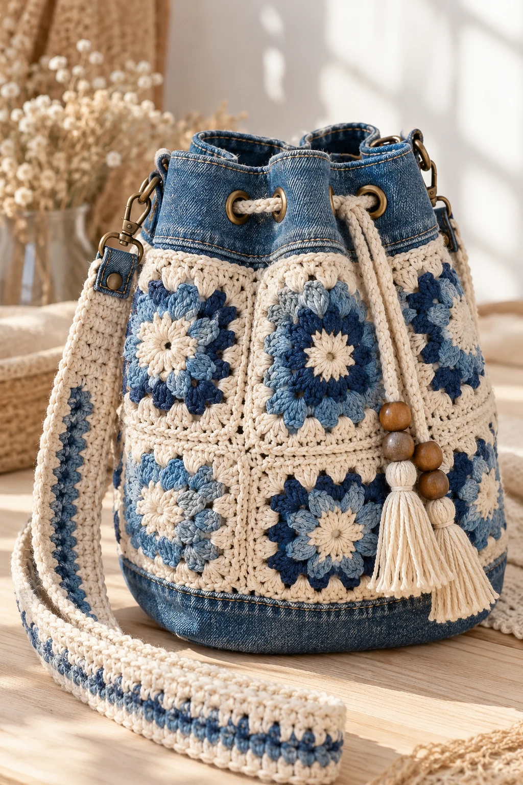 Rustic Denim and Crochet Bucket Bag — crochet jeans bag style outfit
