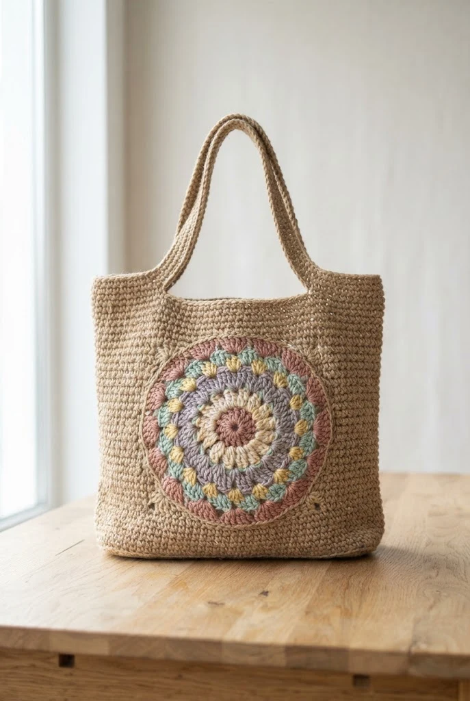 Pastel Dream Mandala Jute Tote — crochet jute bag style outfit
