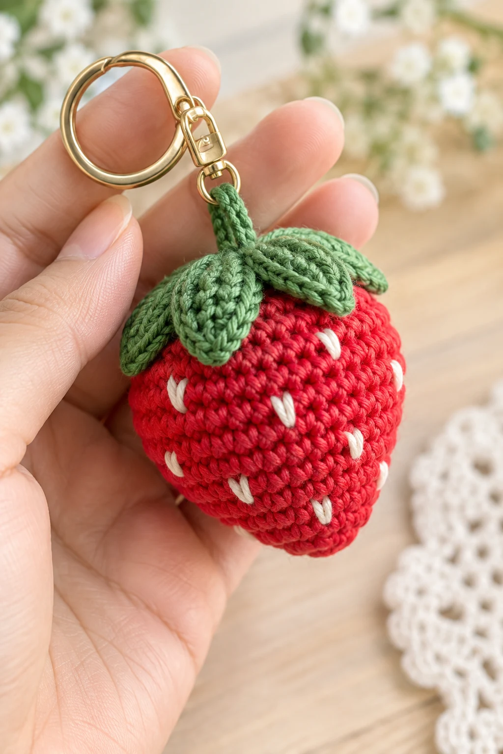Sweet Strawberry Keychain — crochet keychain pattern style outfit