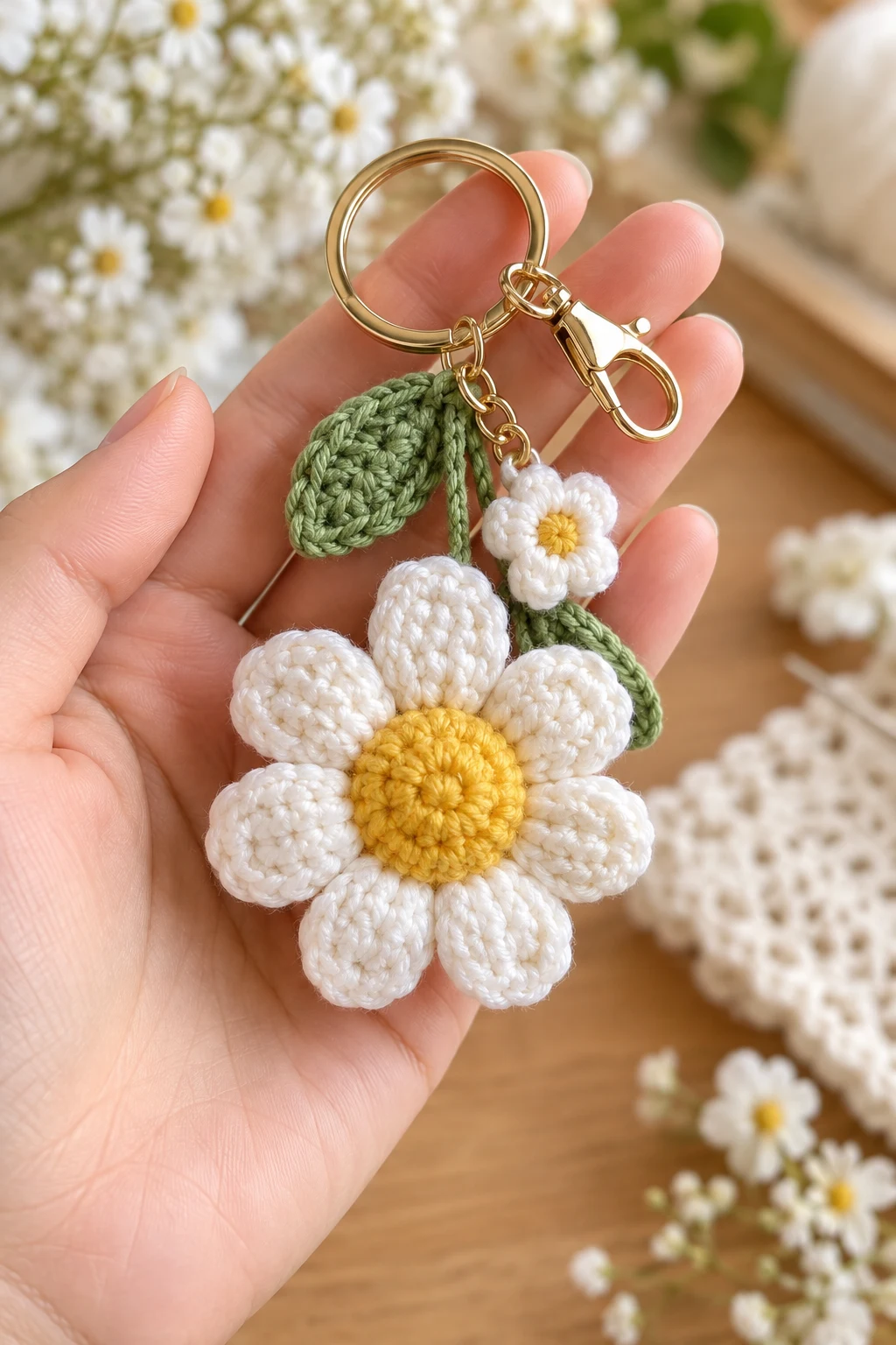 Mini Daisy Flower Charm — crochet keychain pattern style outfit