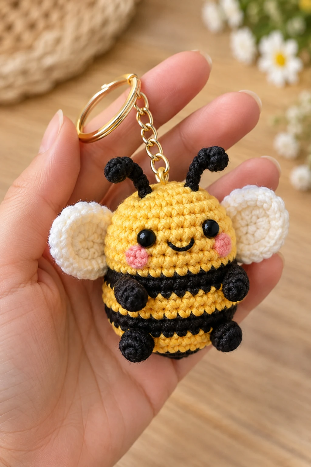 Smiling Mini Crochet Bee — crochet keychain pattern style outfit