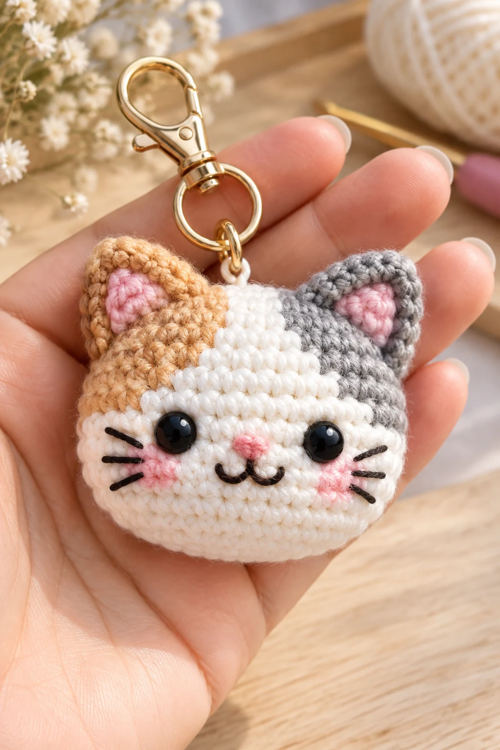 Mini Cat Face Charm — crochet keychain pattern style outfit