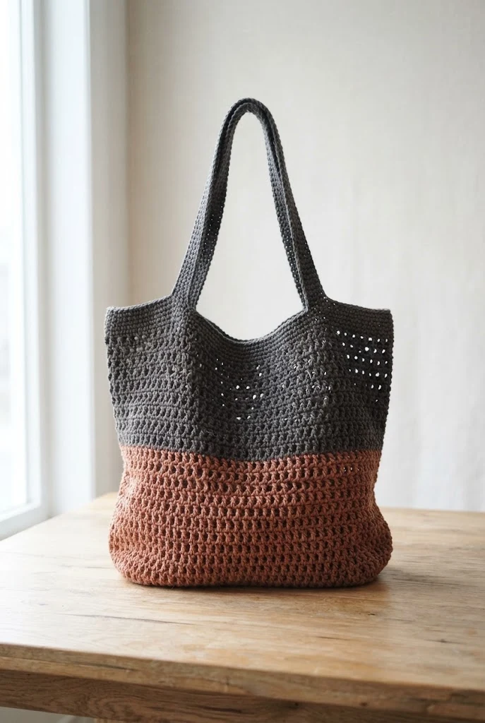 Two-Tone Colorblock Shopper — crochet mesh tote bag style outfit
