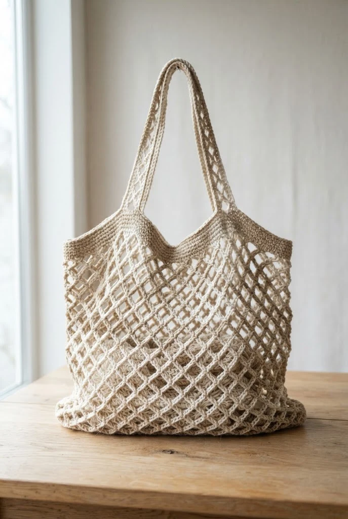 Diamond Lattice Beach Net — crochet mesh tote bag style outfit