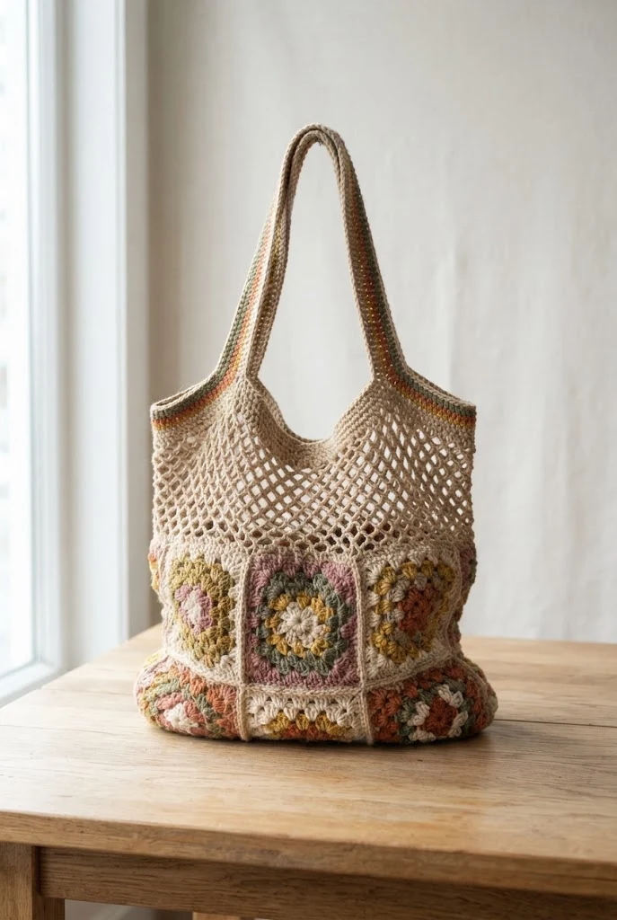 Retro Granny Square Mesh Hybrid — crochet mesh tote bag style outfit
