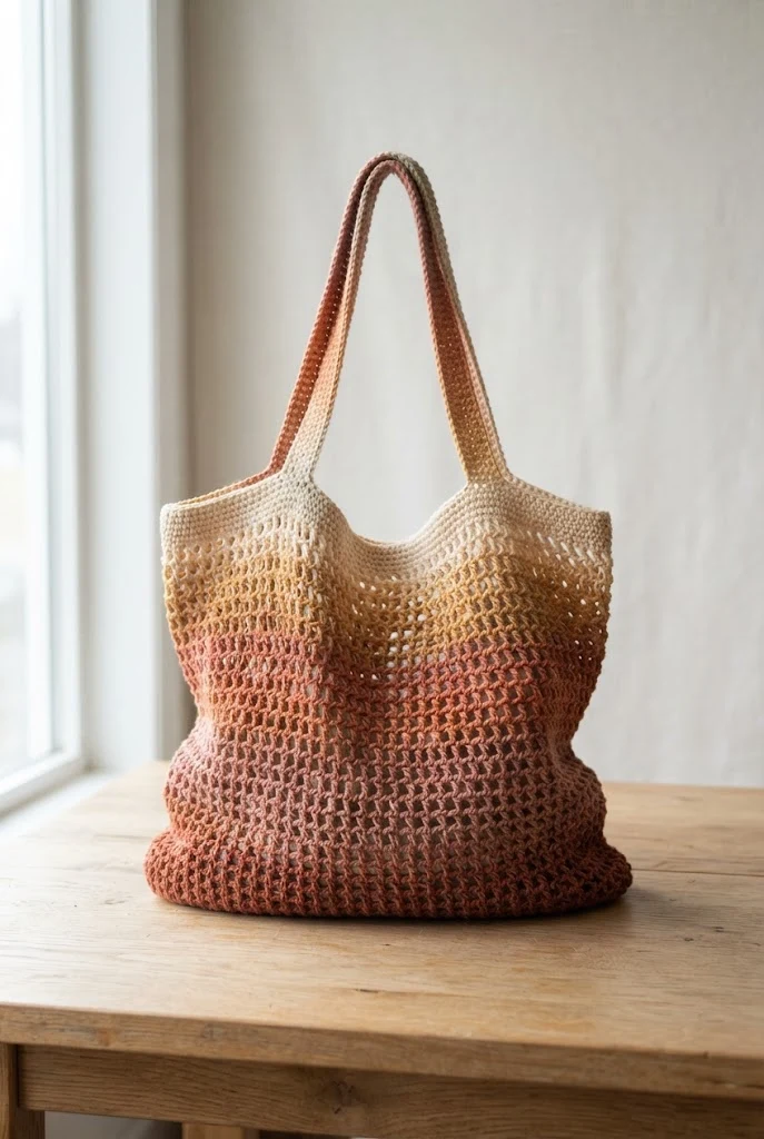 Sunset Ombre Beach Carrier — crochet mesh tote bag style outfit