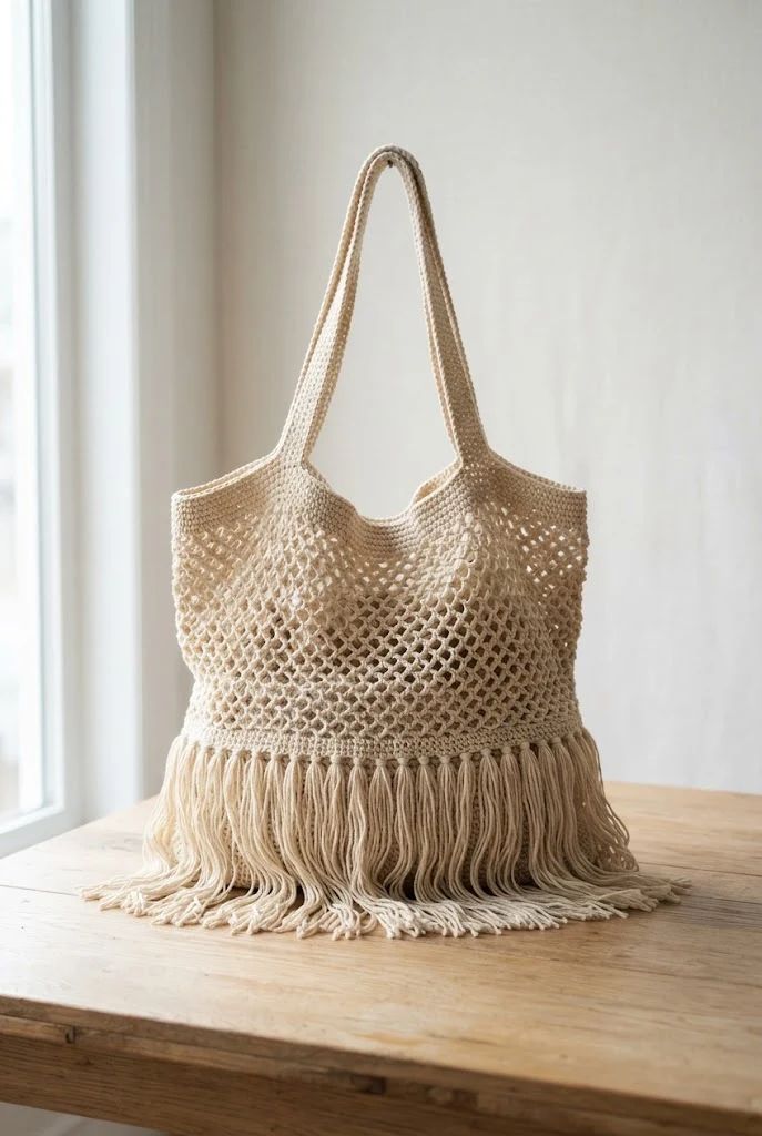 Boho Fringe Market Companion — crochet mesh tote bag style outfit