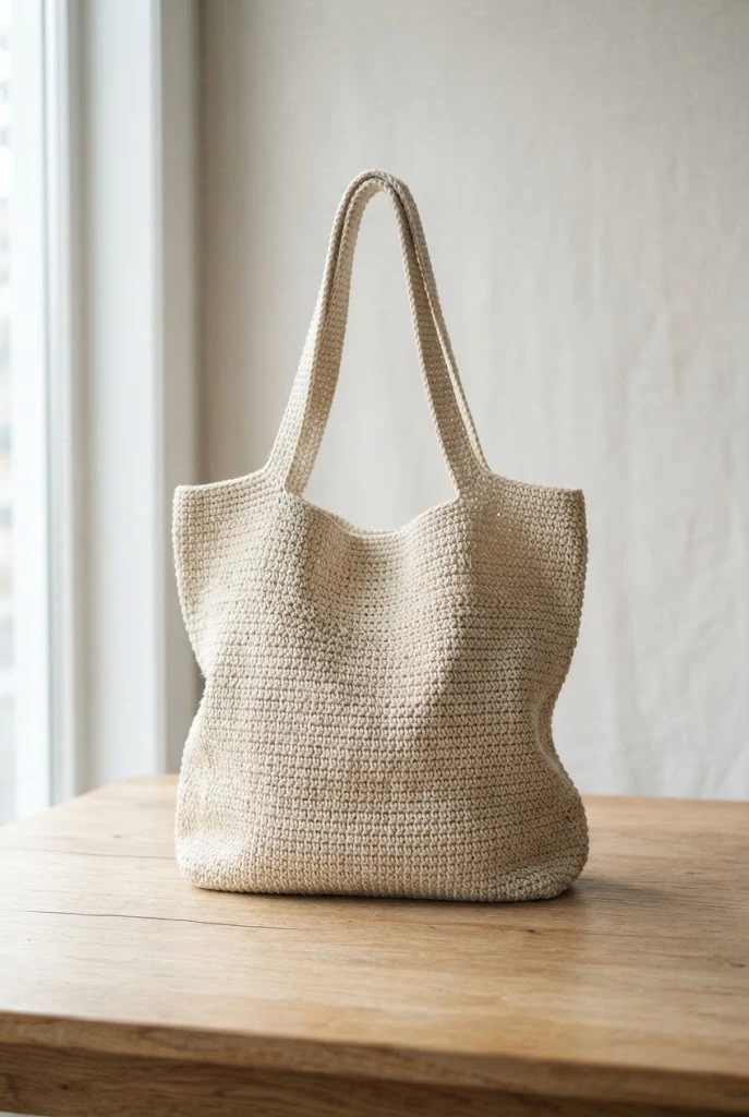 Minimalist Linen Stitch Shopper — crochet mesh tote bag style outfit