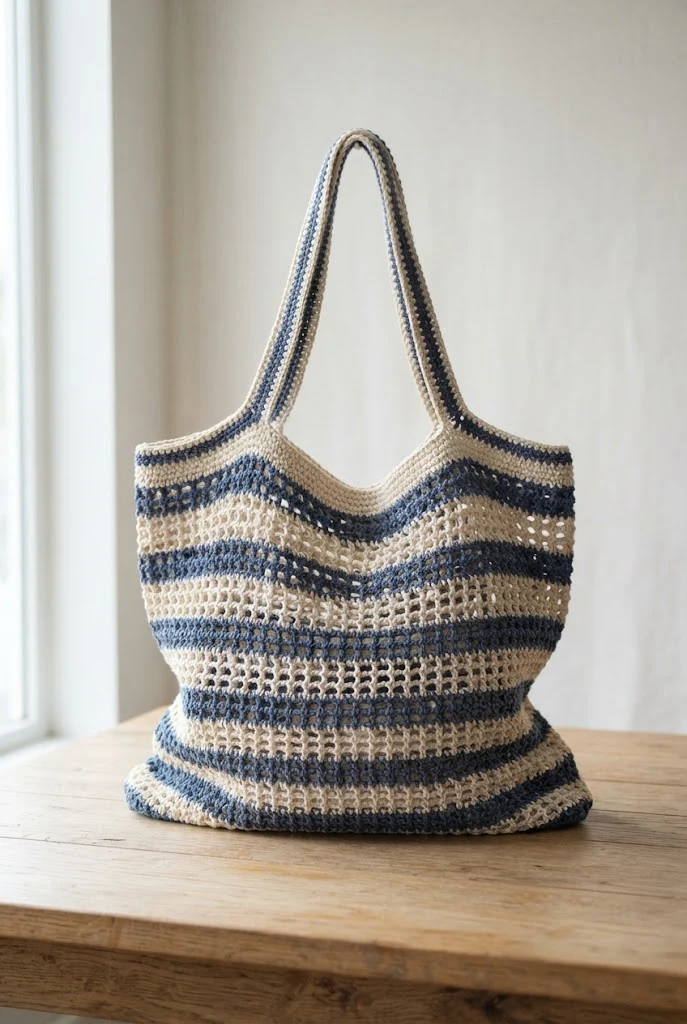 Striped Nautical Beach Bag — crochet mesh tote bag style outfit