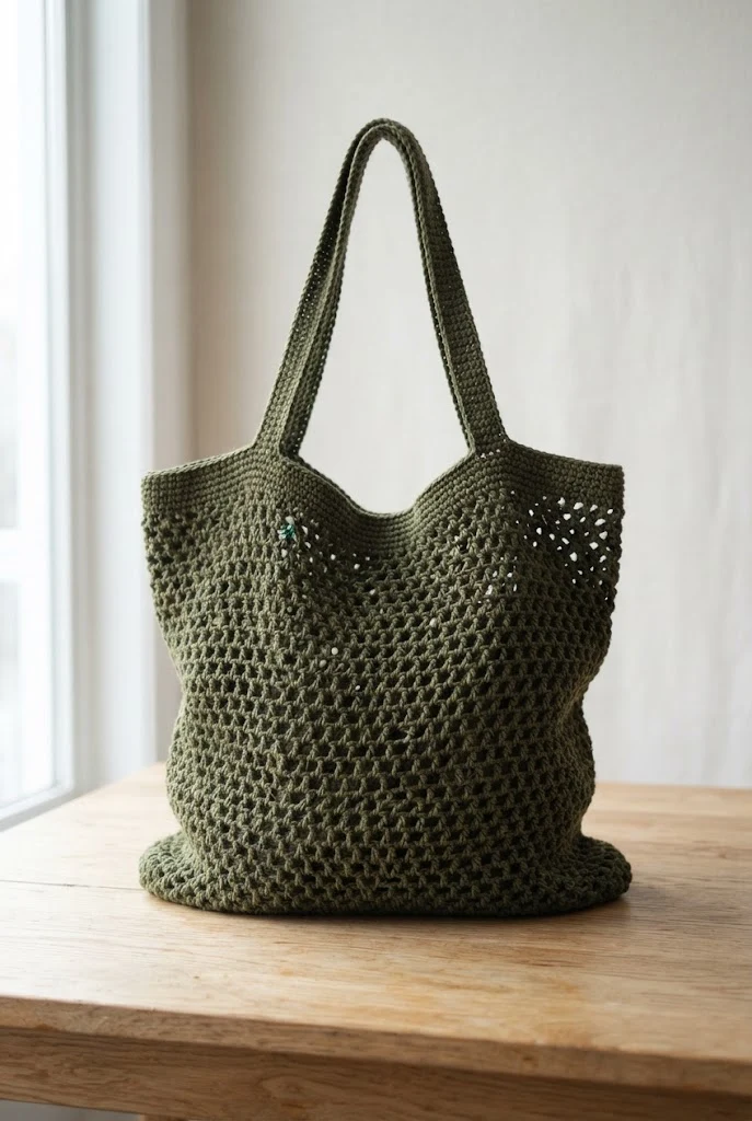 Monochromatic Olive Everyday Bag — crochet mesh tote bag style outfit