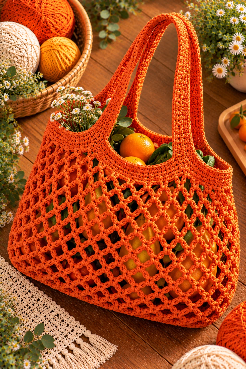 Orange Open-Mesh Market Bag — crochet orange bag style outfit