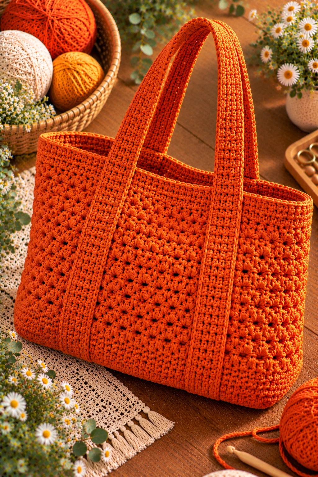 Free-Pattern-Friendly Classic Orange Tote — crochet orange bag style outfit