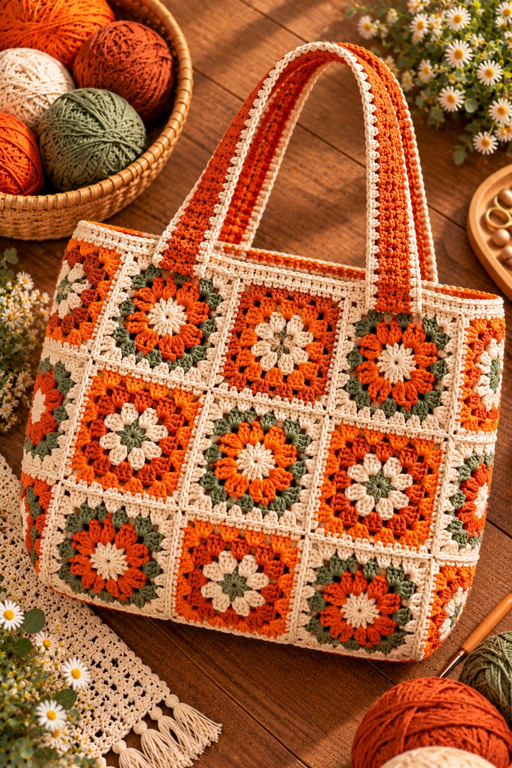 Orange and Cream Granny Square Tote — crochet orange bag style outfit