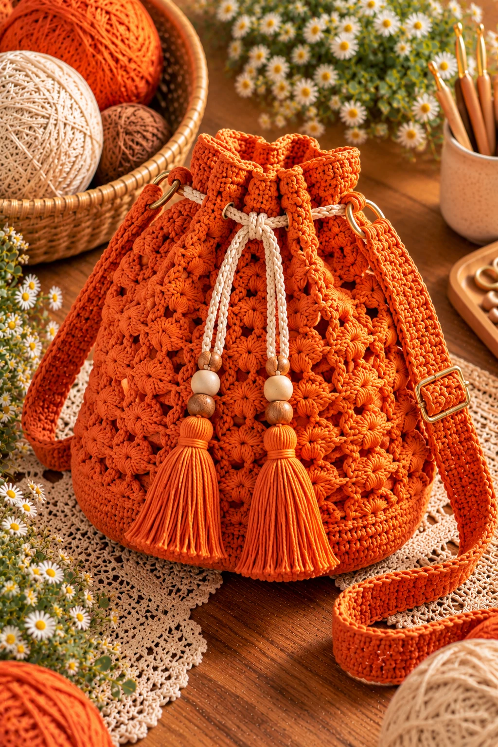 Orange Crochet Drawstring Bag — crochet orange bag style outfit