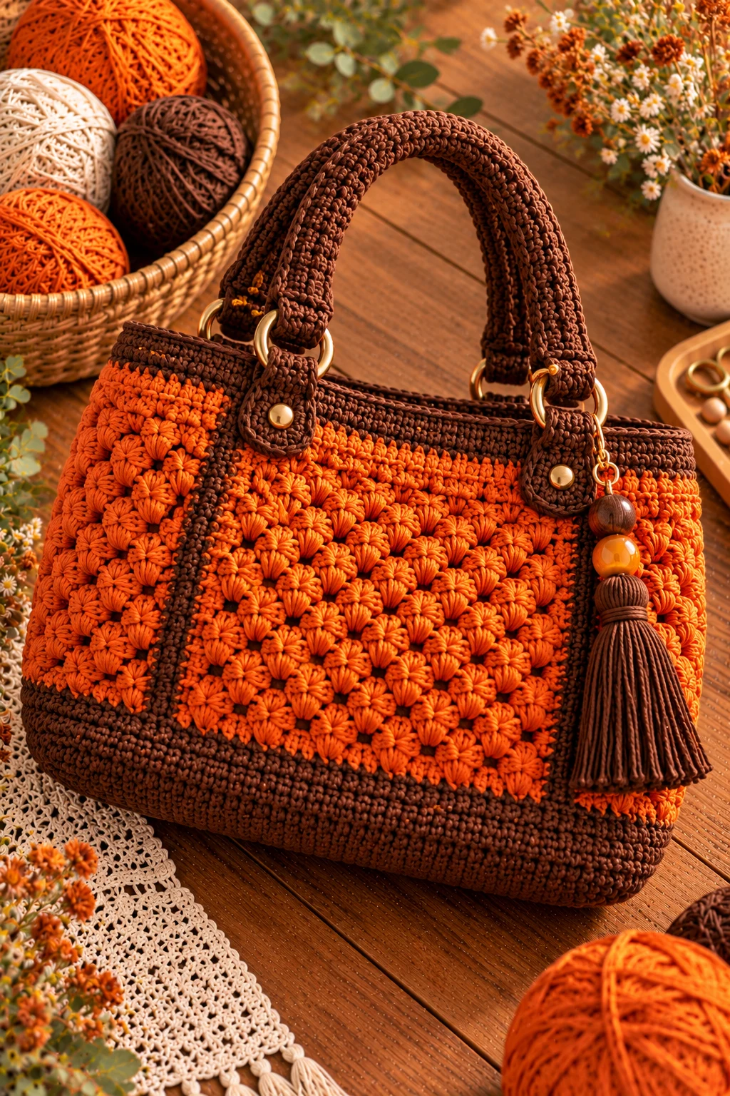 Chocolate and Orange Statement Bag — crochet orange bag style outfit