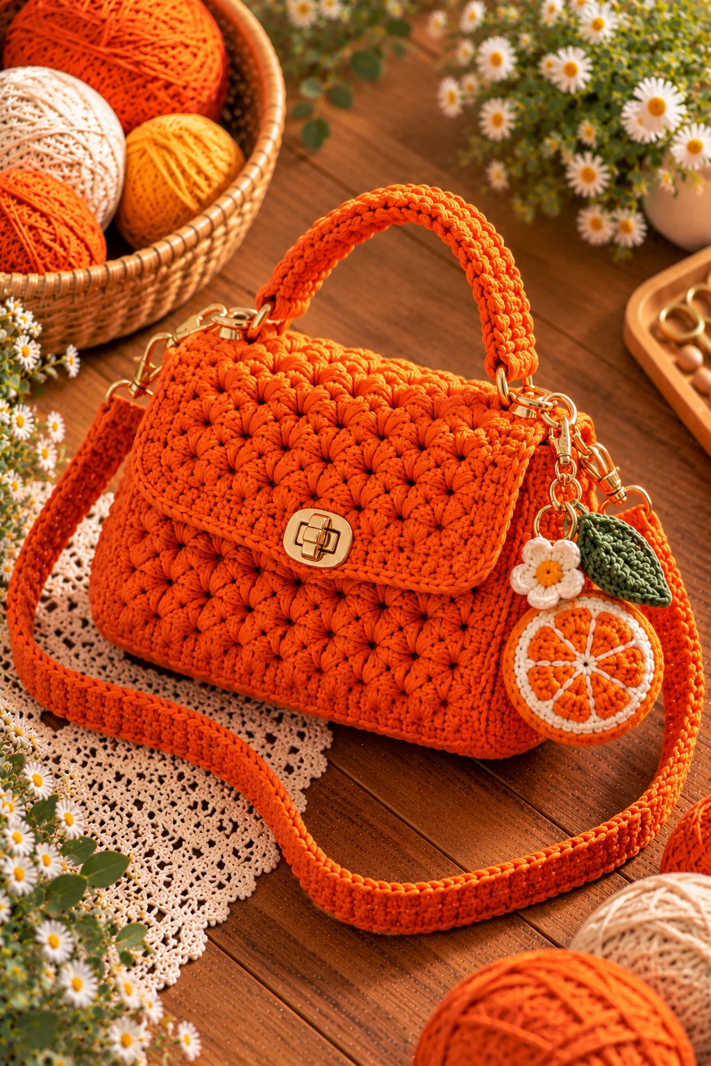Mini Orange Bag With a Crochet Orange Bag Charm — crochet orange bag style outfit