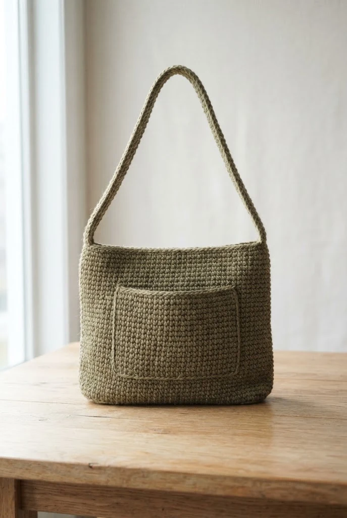 Monochromatic Olive Pocket Jute Handbag — crochet pattern bag style outfit