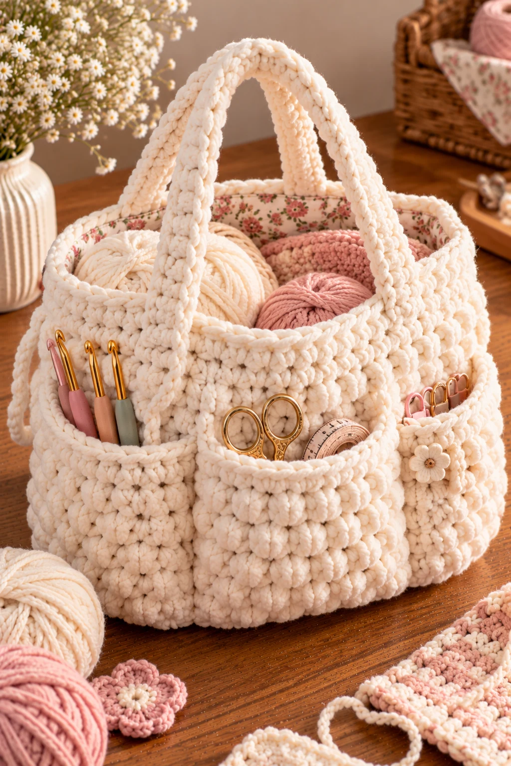 Chunky Cream Everyday Crochet Project Bag — crochet project bag style outfit