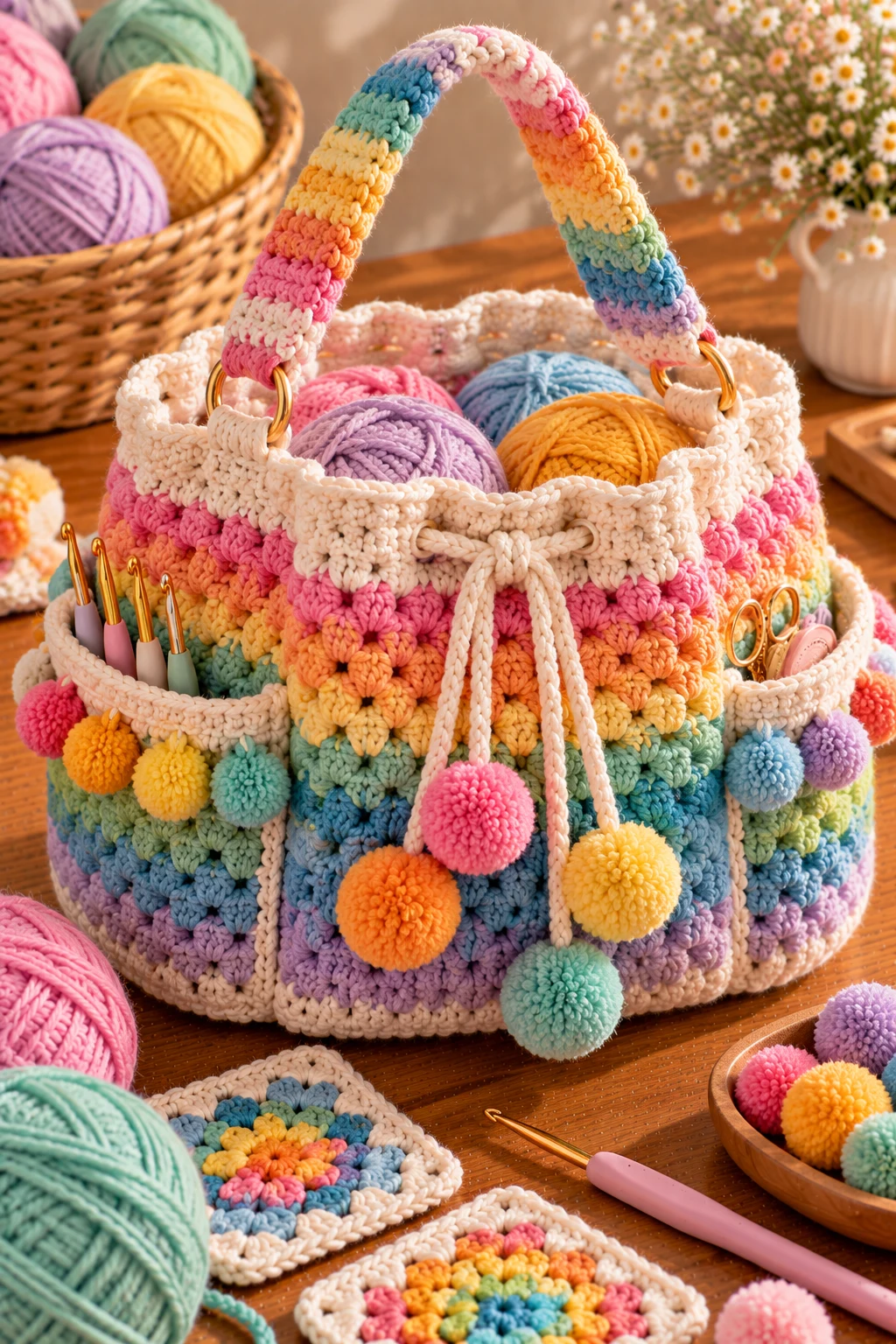 Rainbow Pom-Pom Crochet Project Bag — crochet project bag style outfit