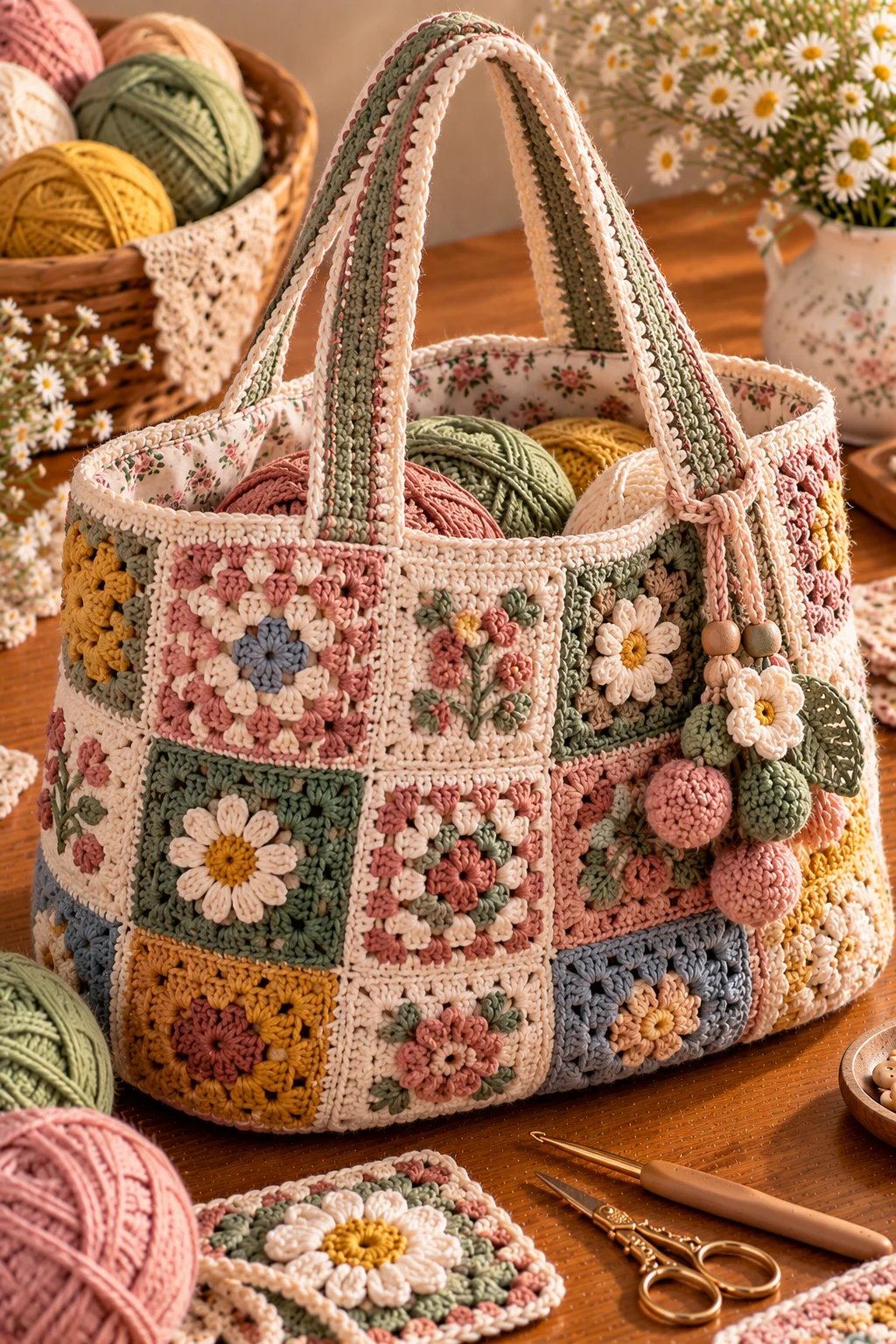 Patchwork Cottagecore Tote — crochet project bag style outfit