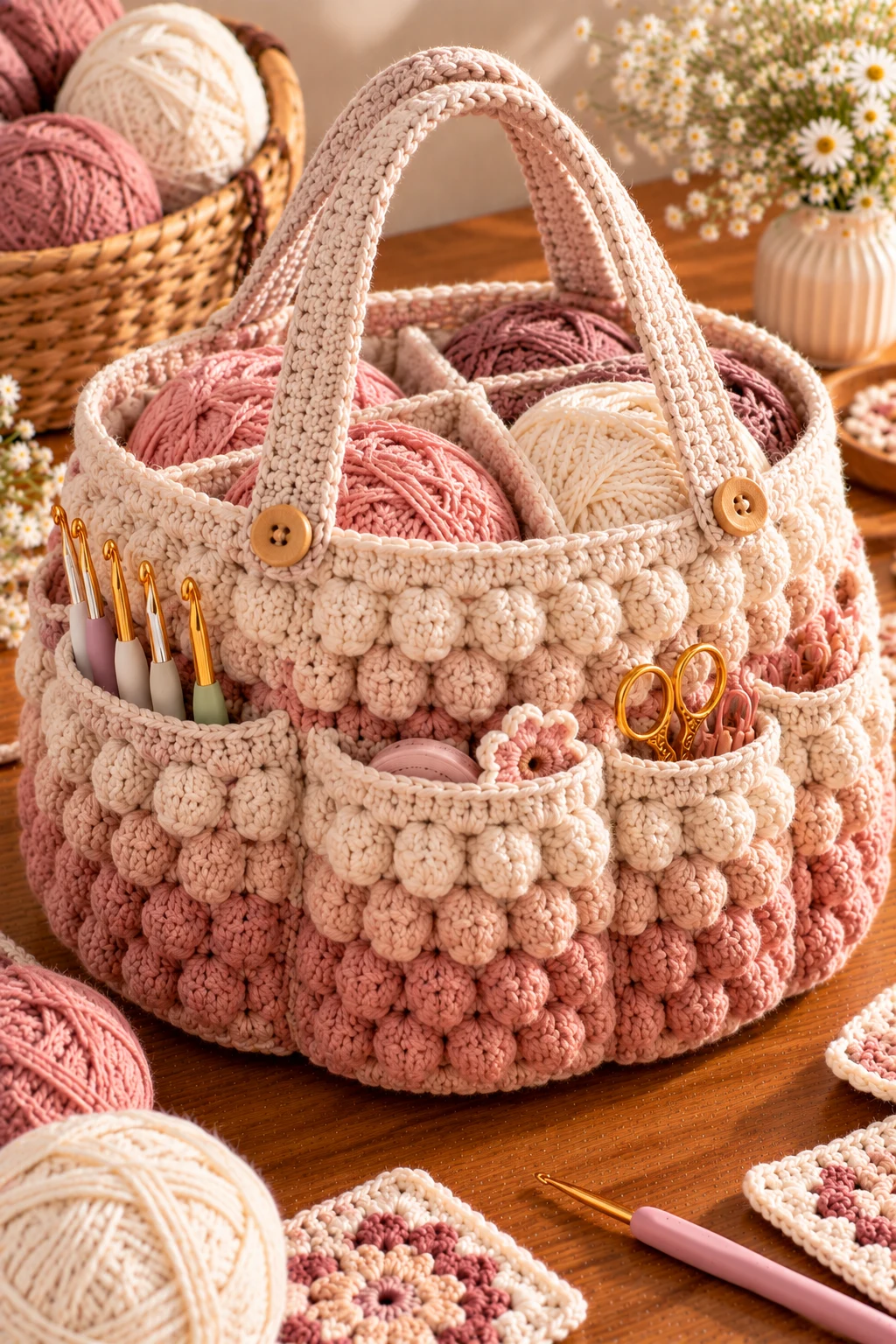 Bobble Stitch Yarn Organizer — crochet project bag style outfit