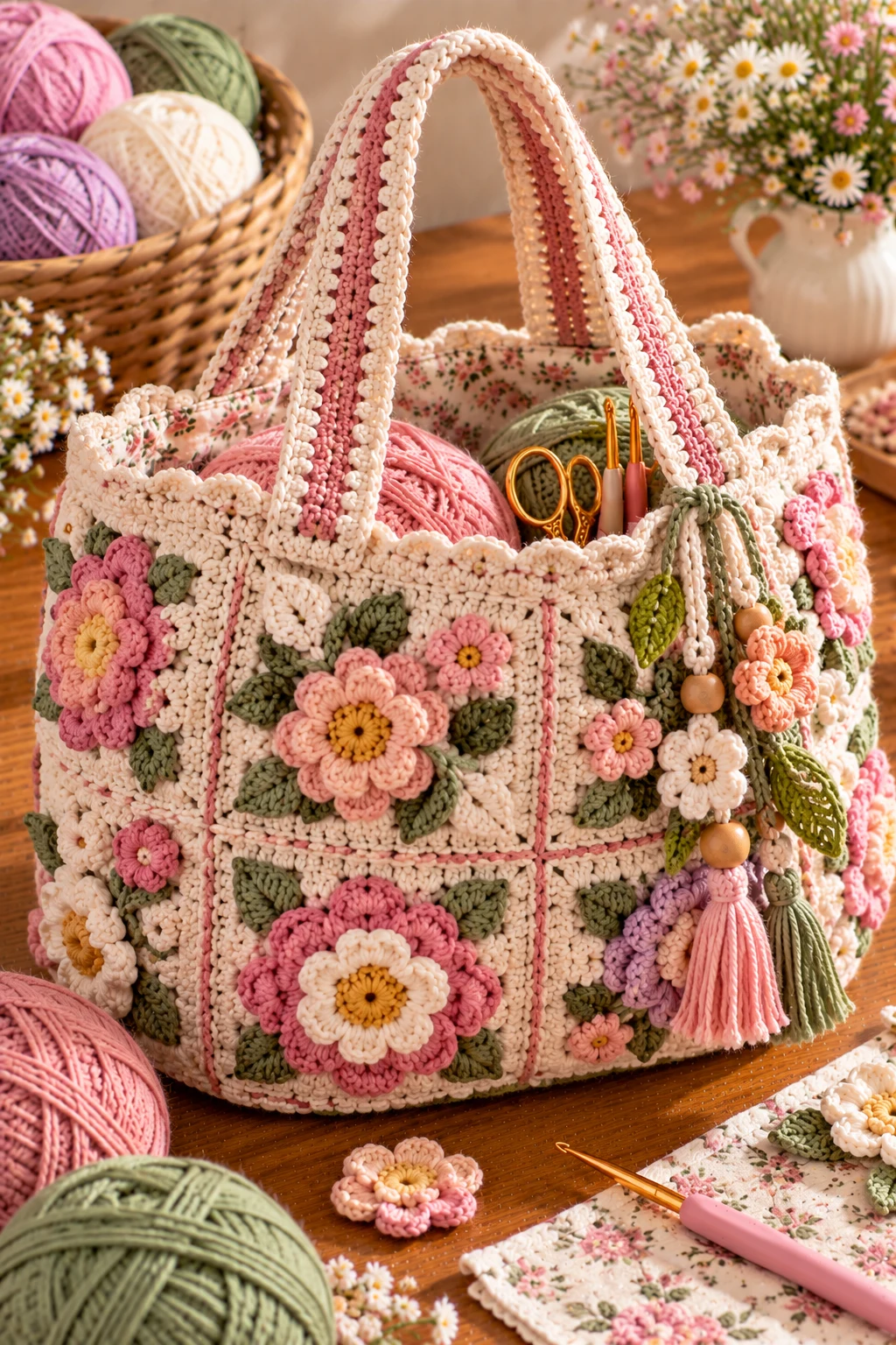 Floral Crochet Bag for Spring Crafting — crochet project bag style outfit