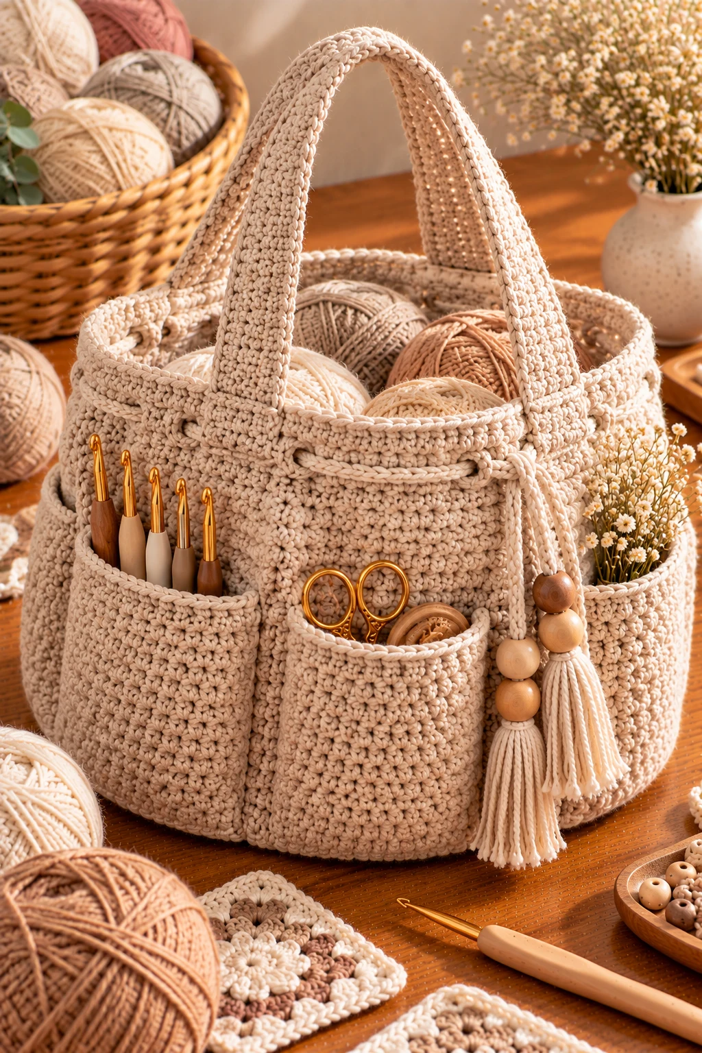 Minimalist Oatmeal Crochet Project Bag — crochet project bag style outfit