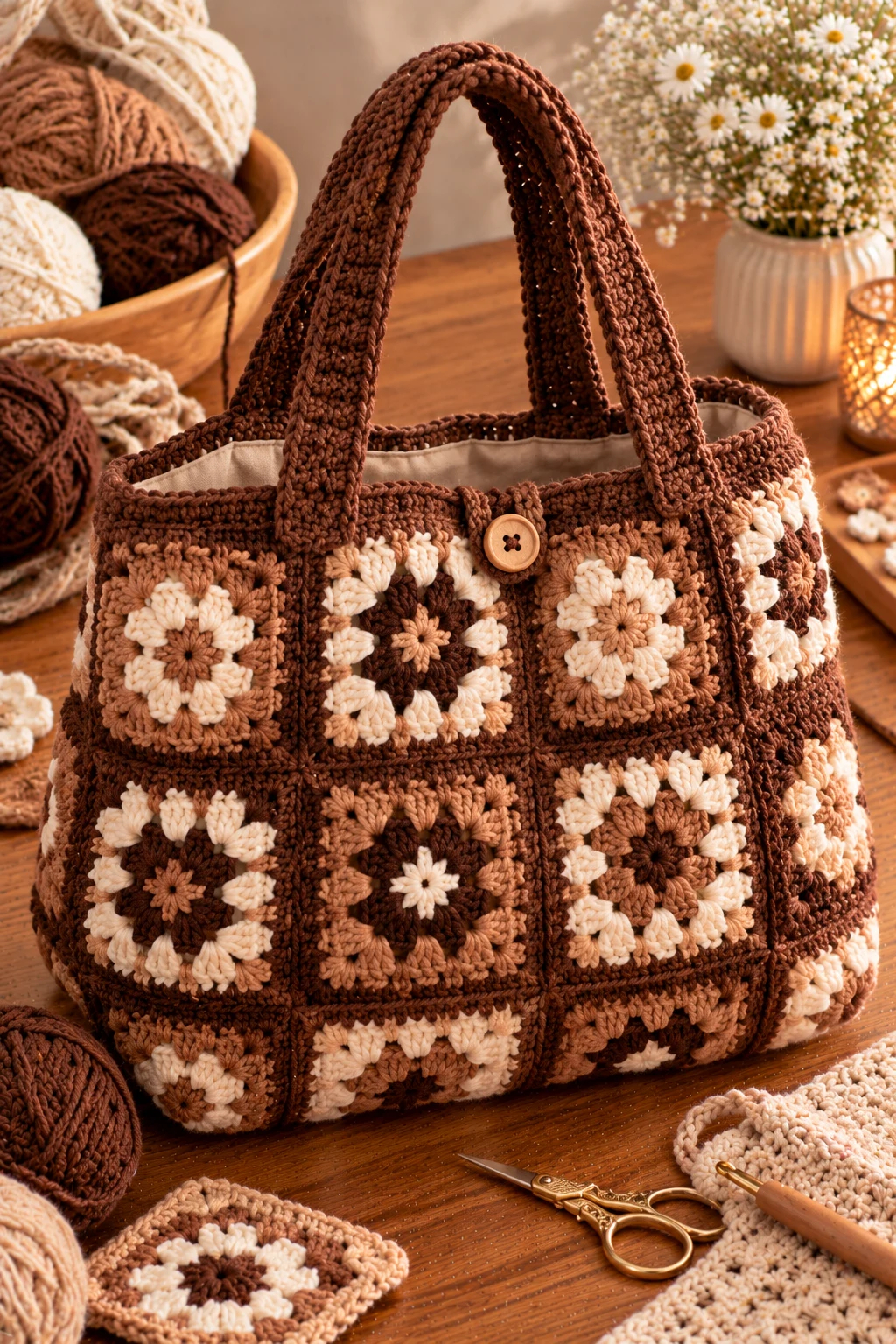 Chocolate Brown Granny Square Tote — crochet project bag style outfit