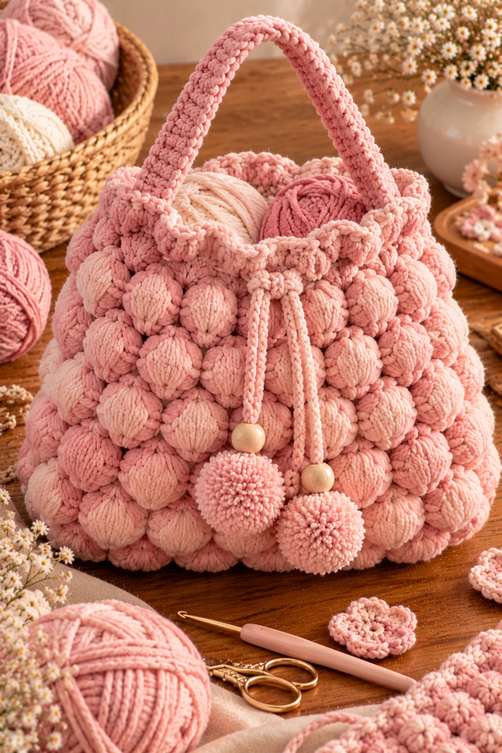 Blush Pink Puffy Stitch Bag — crochet project bag style outfit
