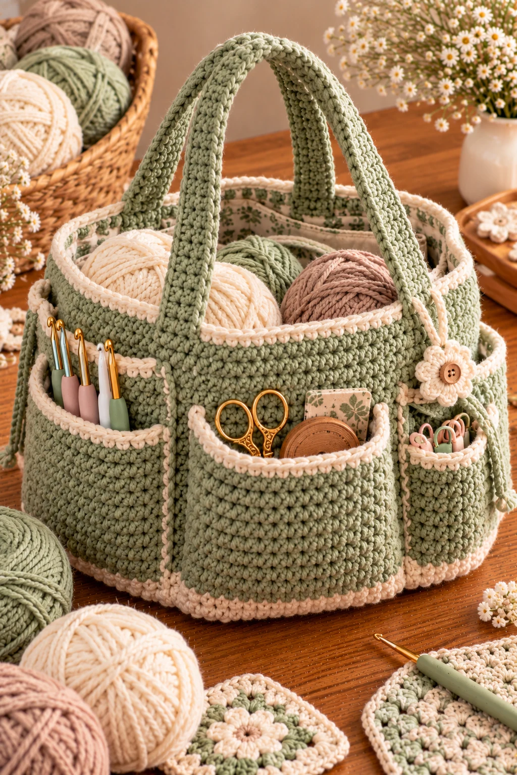 Sage Green Crochet Project Bag With Pockets — crochet project bag style outfit