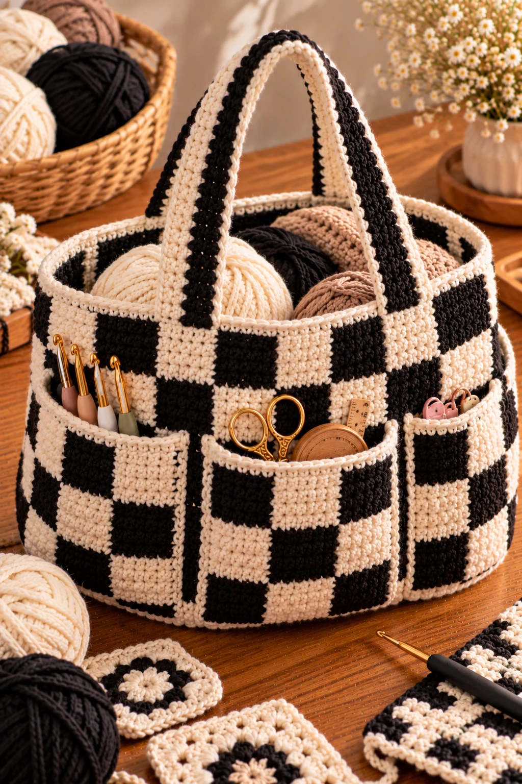 Black-and-Cream Checkerboard Crochet Project Bag — crochet project bag style outfit