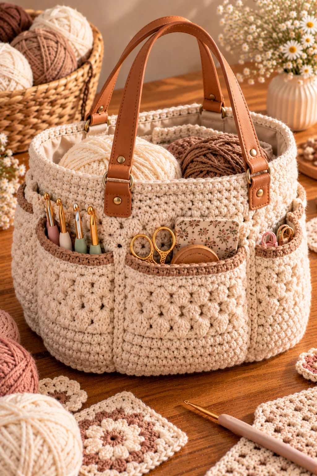 Cream Bag With Leather-Style Handles — crochet project bag style outfit