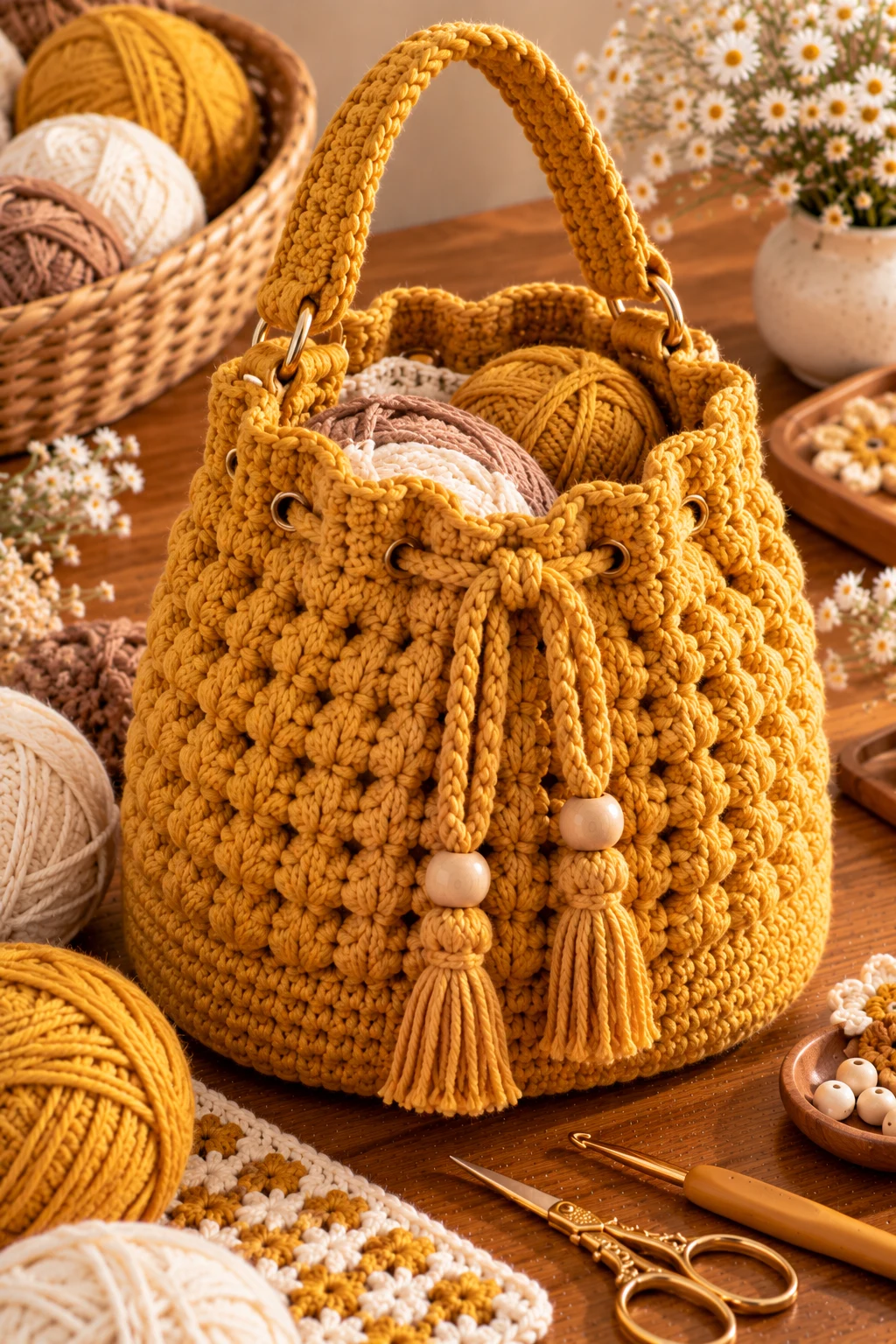 Honey Mustard Bucket Bag — crochet project bag style outfit