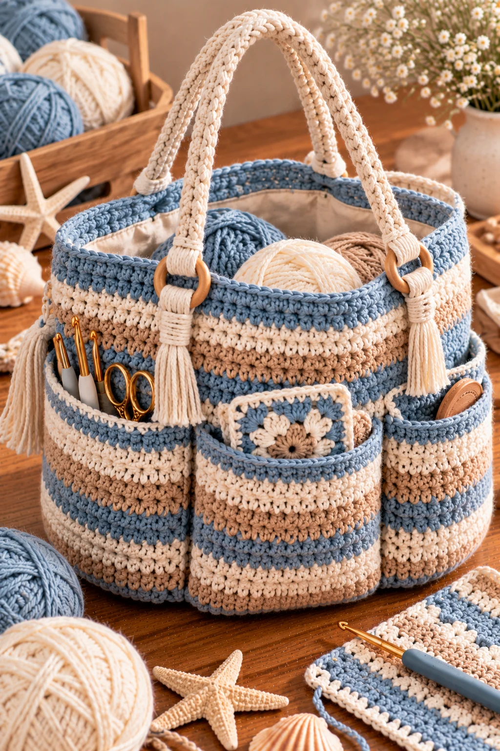 Coastal Blue Striped Project Bag — crochet project bag style outfit