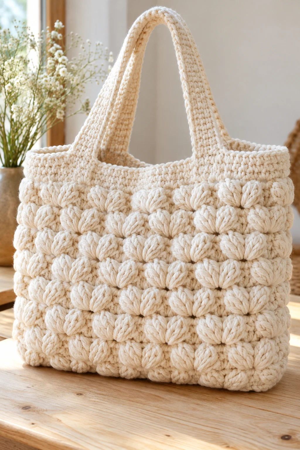 Classic Cream Crochet Puff Stitch Tote — crochet puff bag style outfit