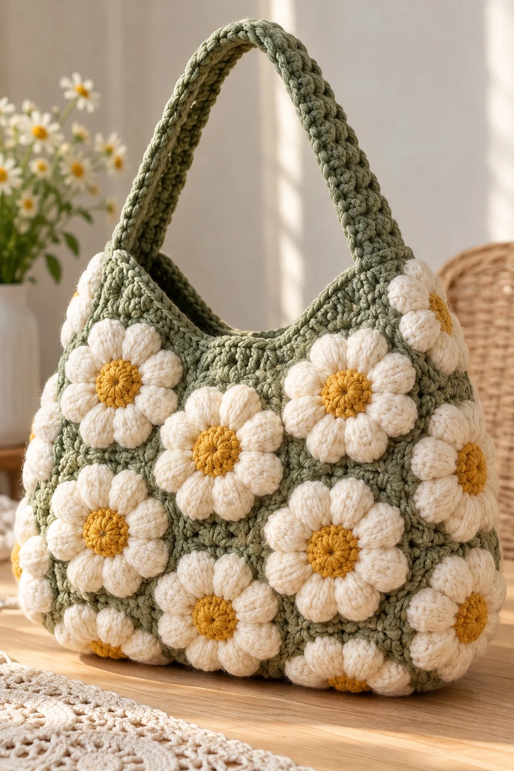Vintage Daisy Crochet Puff Flower Bag — crochet puff bag style outfit
