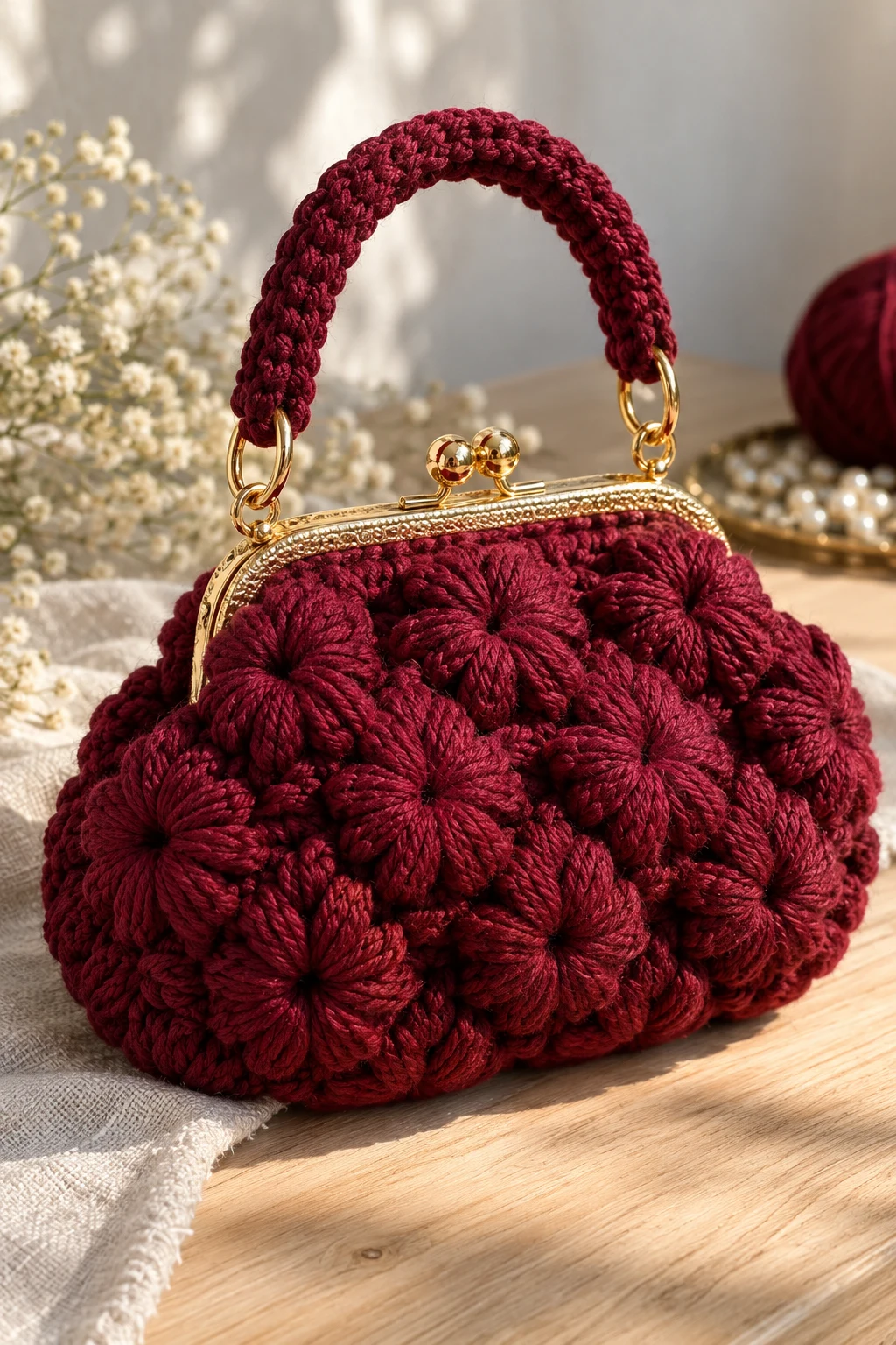 Elegant Burgundy Crochet Puff Evening Purse — crochet puff bag style outfit