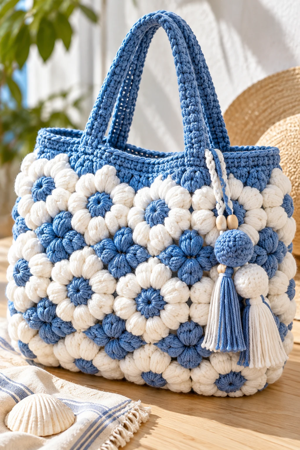 Coastal Blue and White Crochet Puff Beach Tote — crochet puff bag style outfit