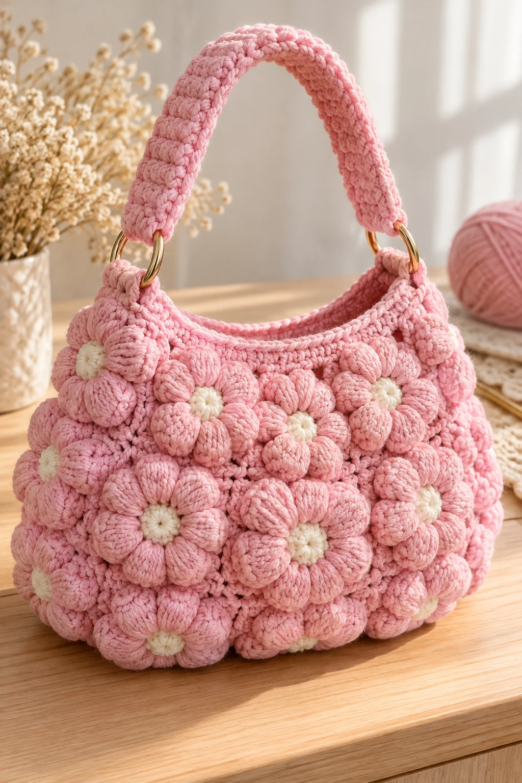 Pastel Pink Crochet Puff Flower Bag — crochet puff bag style outfit