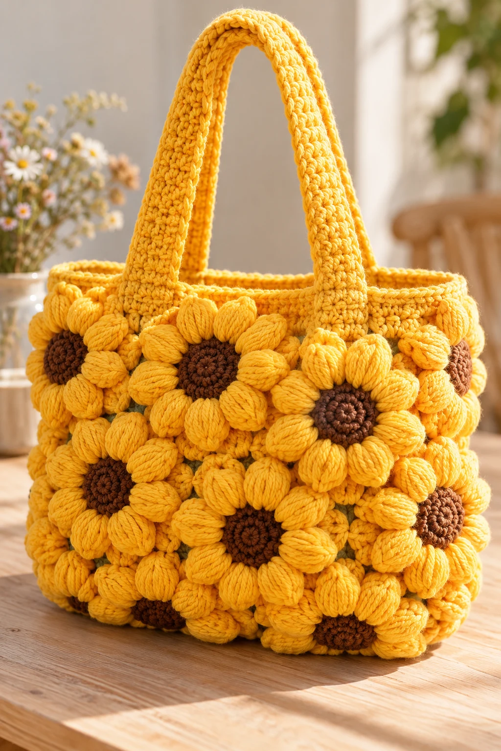 Sunflower Yellow Crochet Puff Flower Tote — crochet puff bag style outfit