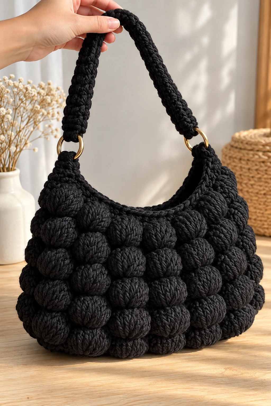 Minimalist Black Crochet Puff Shoulder Bag — crochet puff bag style outfit